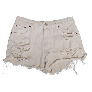 Zara Button Fly Off-White Cutoff Denim High Rise Shorts Distressed Womens 6 Jean